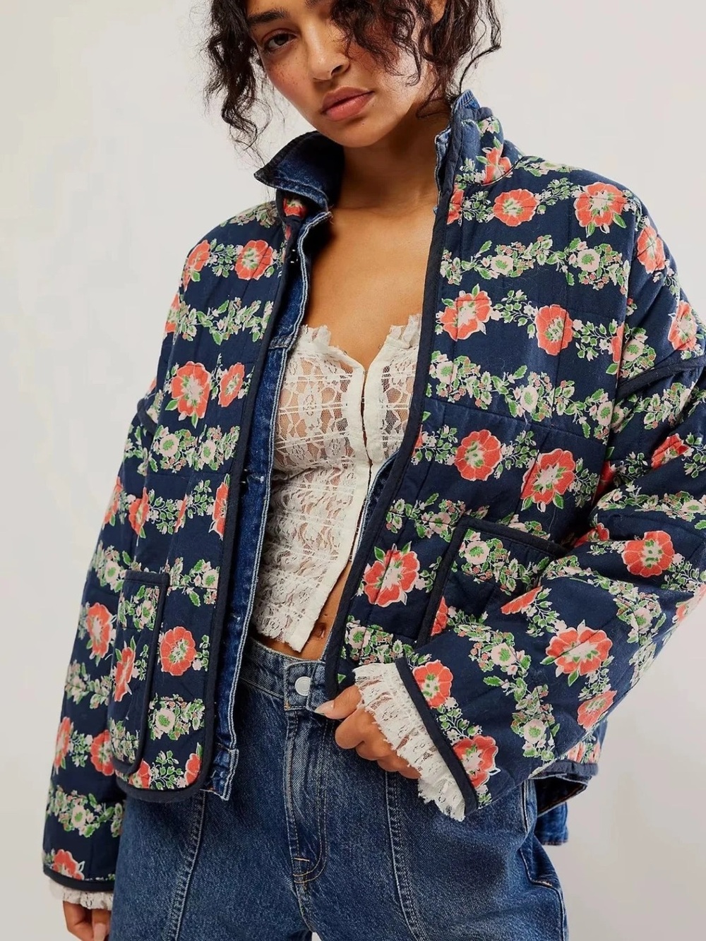 Free People Chloe Dusk Combo Quilted Kimono Jacket Navy Floral